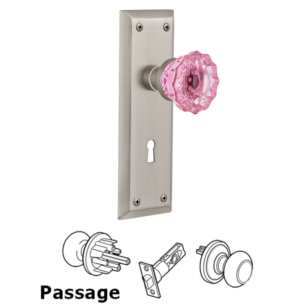 Nostalgic Warehouse - Passage - New York Plate with Keyhole Crystal Pink Glass Door Knob in Satin Nickel