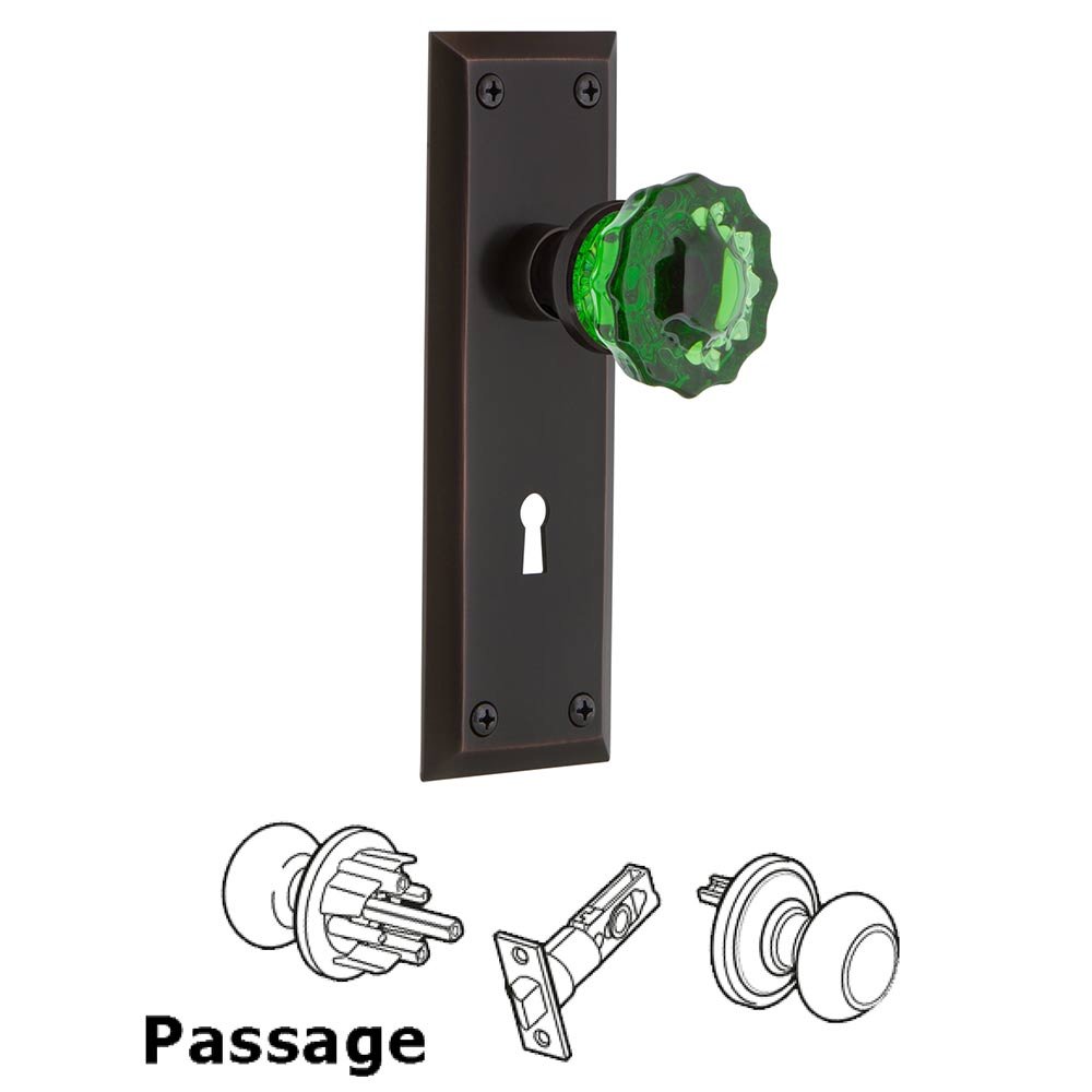 Nostalgic Warehouse - Passage - New York Plate with Keyhole Crystal Emerald Glass Door Knob in Timeless Bronze