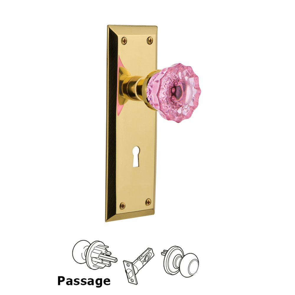 Nostalgic Warehouse - Passage - New York Plate with Keyhole Crystal Pink Glass Door Knob in Unlaquered Brass