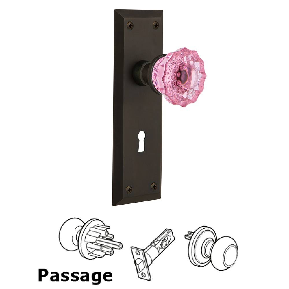 Nostalgic Warehouse - Passage - New York Plate with Keyhole Crystal Pink Glass Door Knob in Oil-Rubbed Bronze