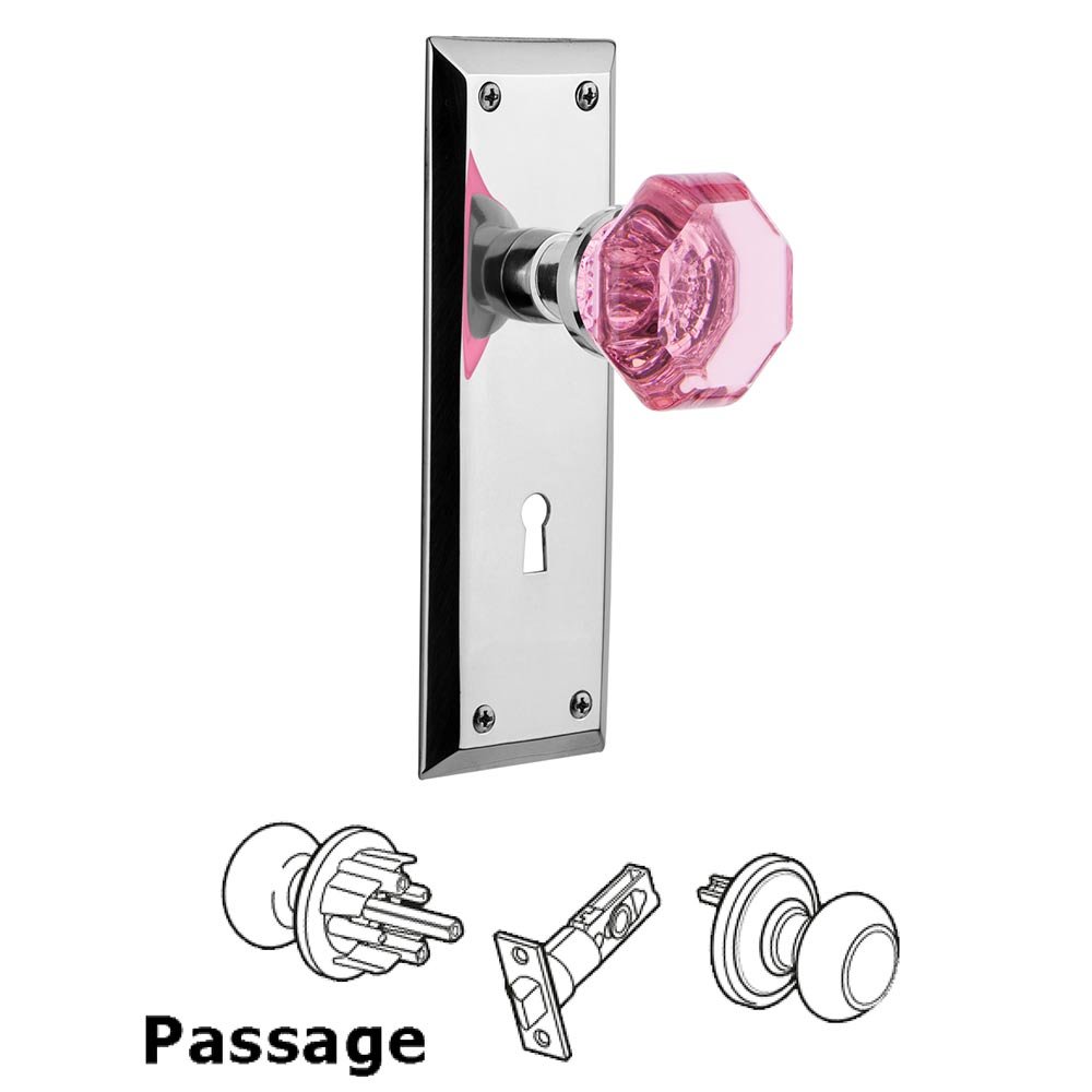 Nostalgic Warehouse - Passage - New York Plate with Keyhole Waldorf Pink Door Knob in Bright Chrome