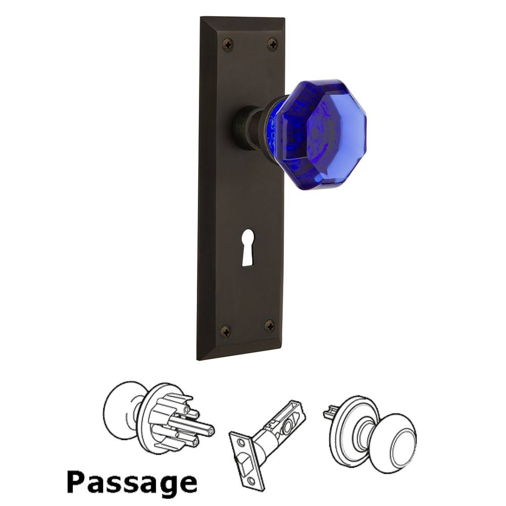 Nostalgic Warehouse - Passage - New York Plate with Keyhole Waldorf Cobalt Door Knob in Oil-Rubbed Bronze