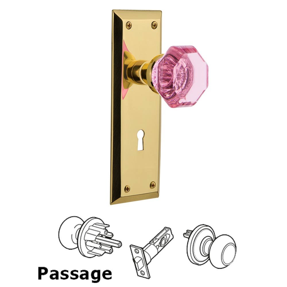 Nostalgic Warehouse - Passage - New York Plate with Keyhole Waldorf Pink Door Knob in Unlaquered Brass