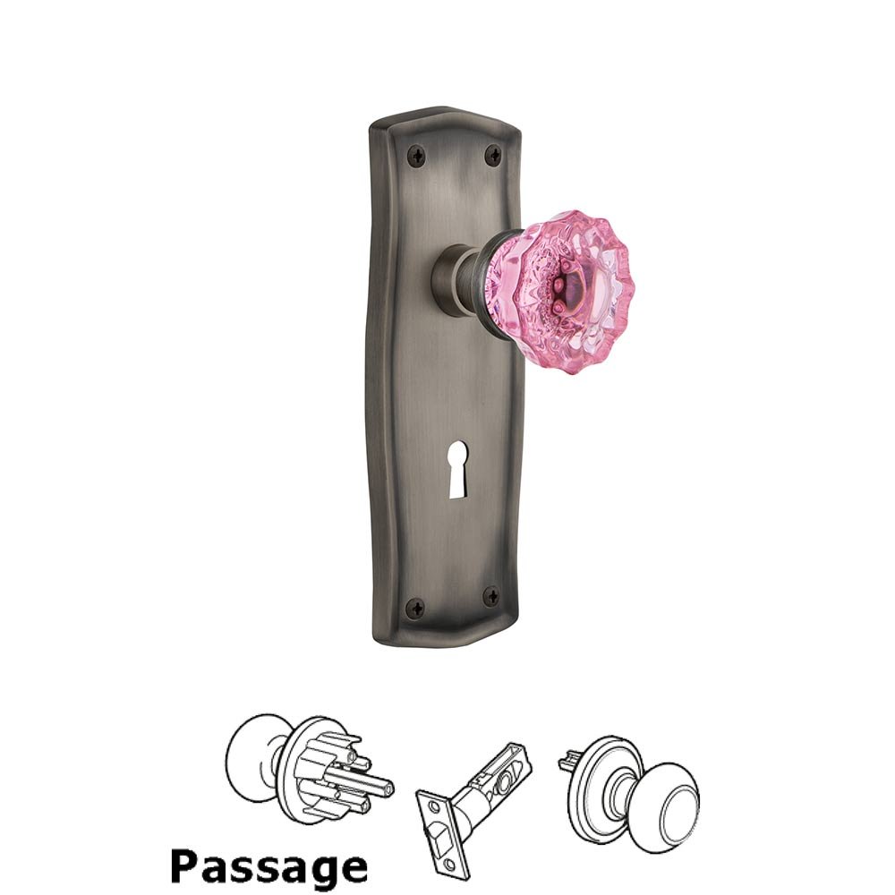 Nostalgic Warehouse - Passage - Prairie Plate with Keyhole Crystal Pink Glass Door Knob in Antique Pewter