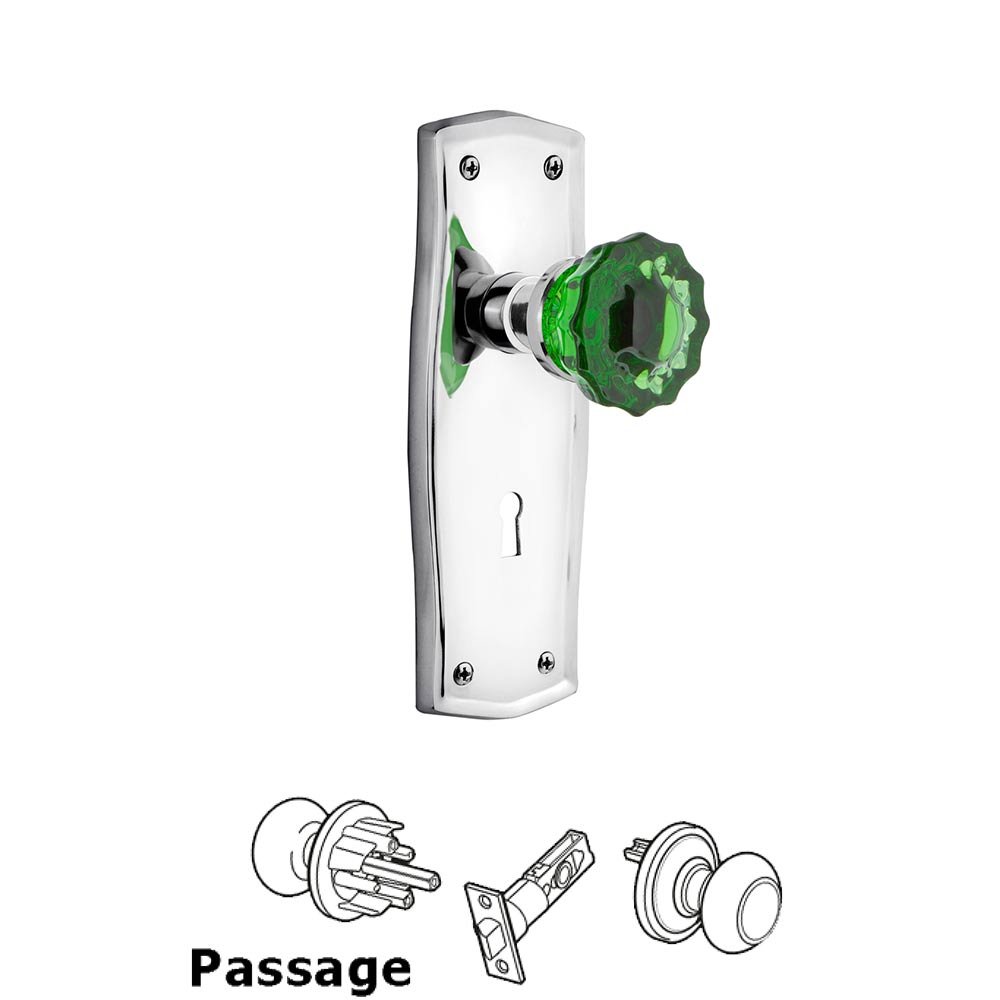 Nostalgic Warehouse - Passage - Prairie Plate with Keyhole Crystal Emerald Glass Door Knob in Bright Chrome