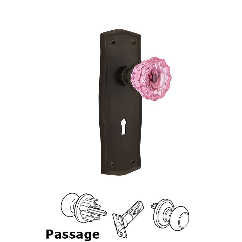 Nostalgic Warehouse - Passage - Prairie Plate with Keyhole Crystal Pink Glass Door Knob in Oil-Rubbed Bronze