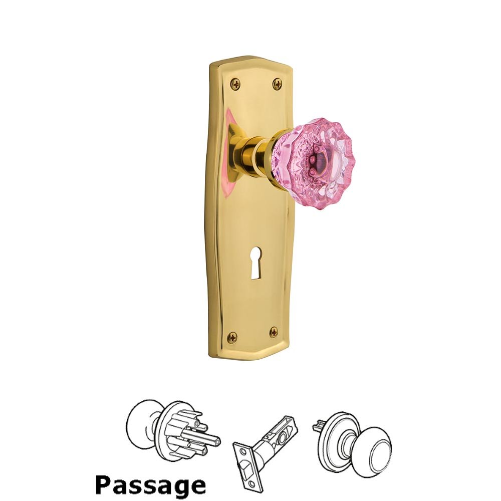 Nostalgic Warehouse - Passage - Prairie Plate with Keyhole Crystal Pink Glass Door Knob in Polished Brass