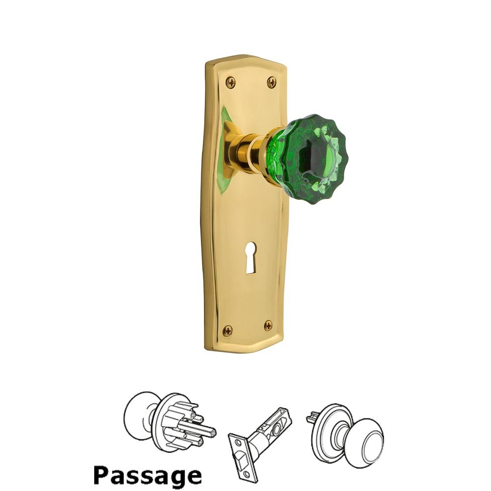 Nostalgic Warehouse - Passage - Prairie Plate with Keyhole Crystal Emerald Glass Door Knob in Polished Brass