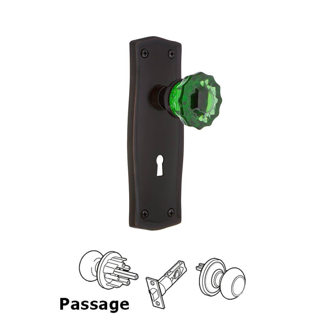 Nostalgic Warehouse - Passage - Prairie Plate with Keyhole Crystal Emerald Glass Door Knob in Timeless Bronze