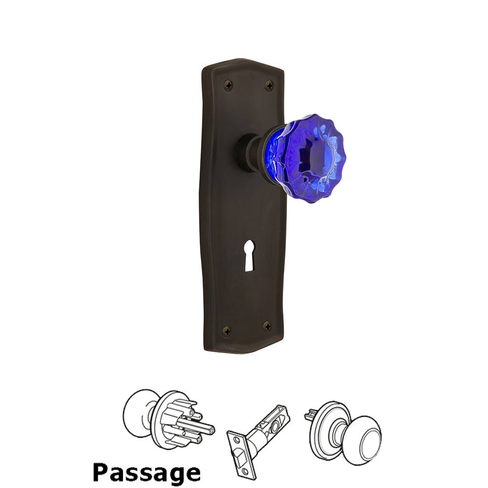 Nostalgic Warehouse - Passage - Prairie Plate with Keyhole Crystal Cobalt Glass Door Knob in Oil-Rubbed Bronze