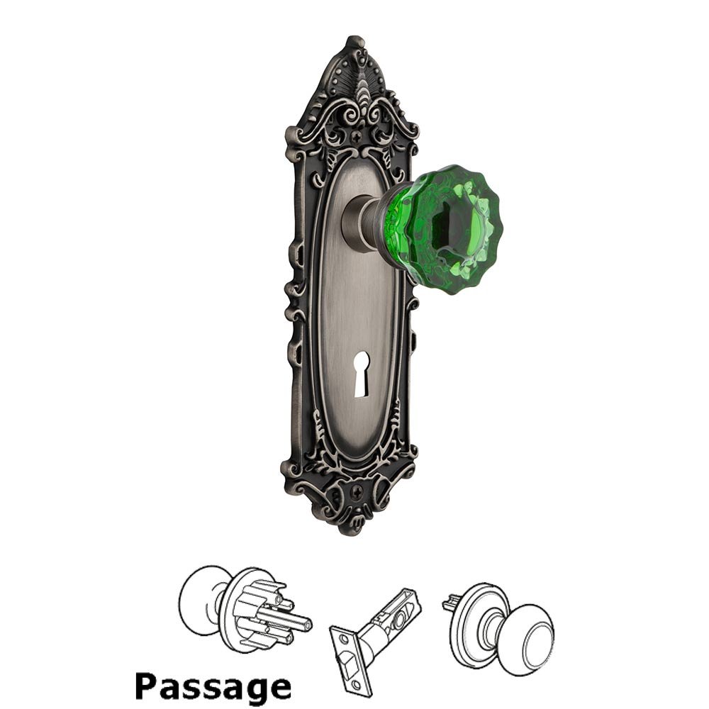 Nostalgic Warehouse - Passage - Victorian Plate with Keyhole Crystal Emerald Glass Door Knob in Antique Pewter