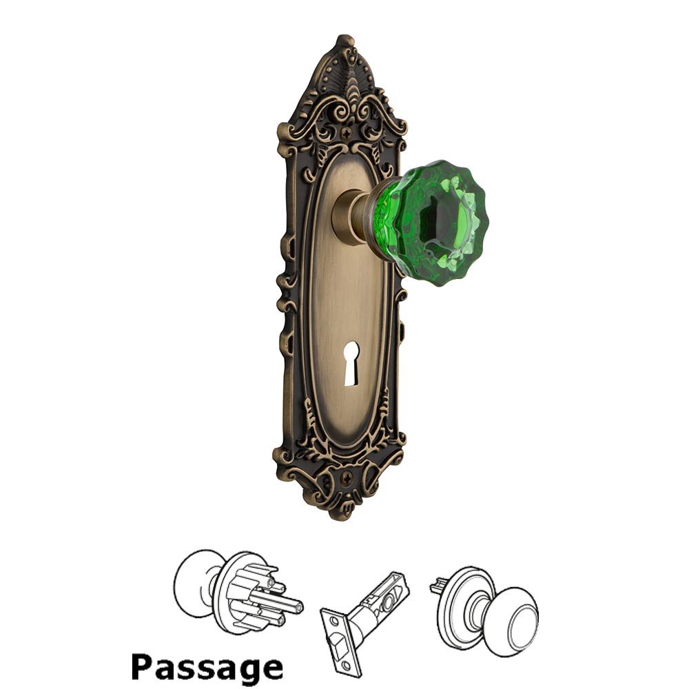Nostalgic Warehouse - Passage - Victorian Plate with Keyhole Crystal Emerald Glass Door Knob in Antique Brass