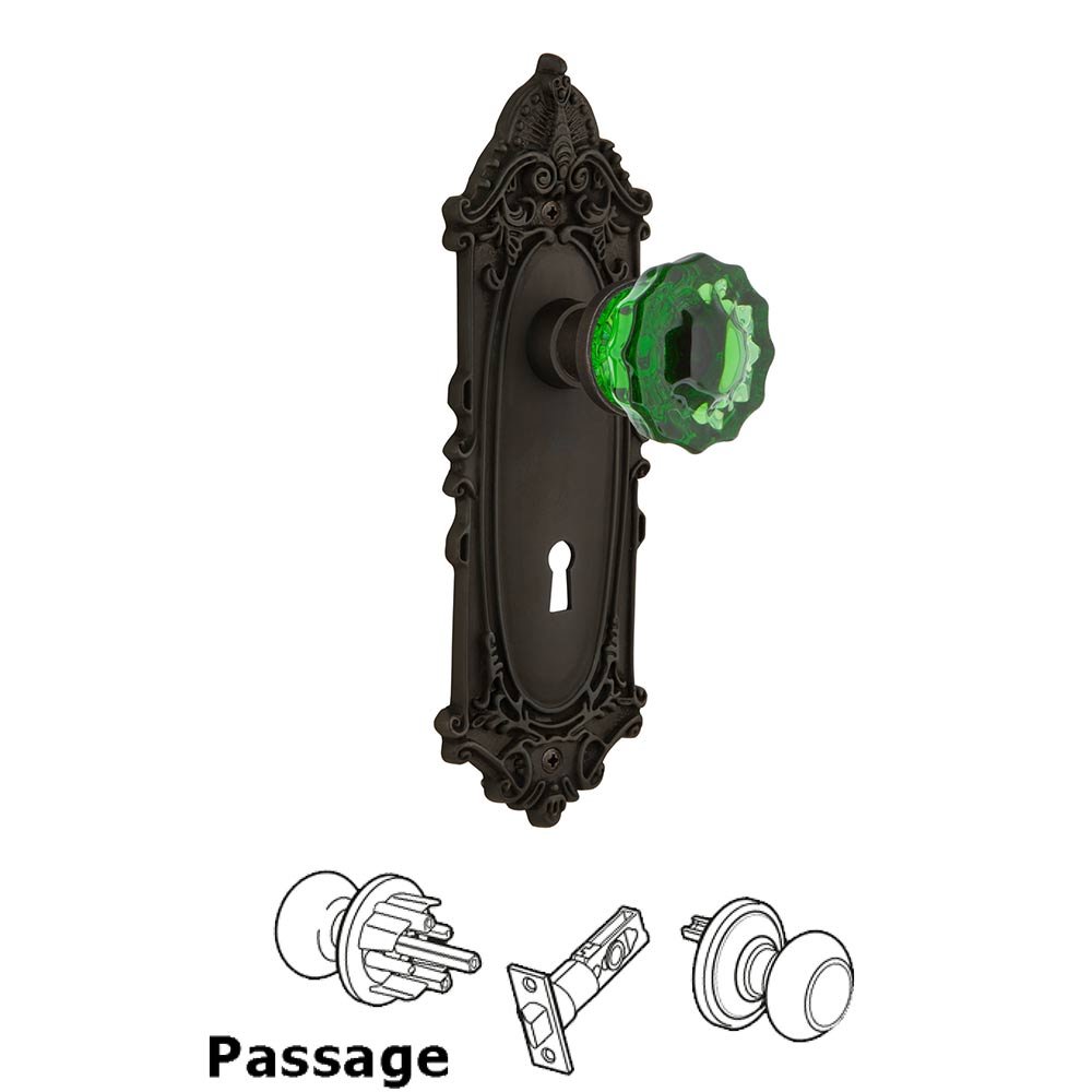 Nostalgic Warehouse - Passage - Victorian Plate with Keyhole Crystal Emerald Glass Door Knob in Oil-Rubbed Bronze