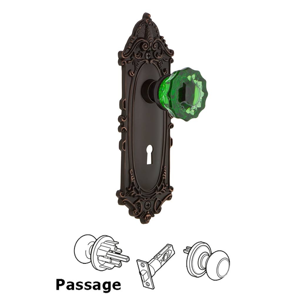 Nostalgic Warehouse - Passage - Victorian Plate with Keyhole Crystal Emerald Glass Door Knob in Timeless Bronze