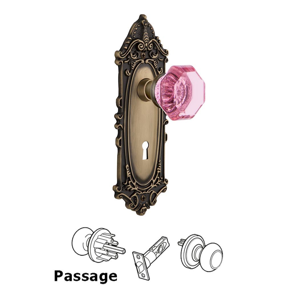 Nostalgic Warehouse - Passage - Victorian Plate with Keyhole Waldorf Pink Door Knob in Antique Brass