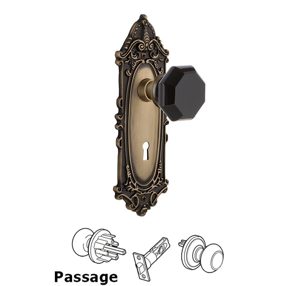 Nostalgic Warehouse - Passage - Victorian Plate with Keyhole Waldorf Black Door Knob in Antique Brass