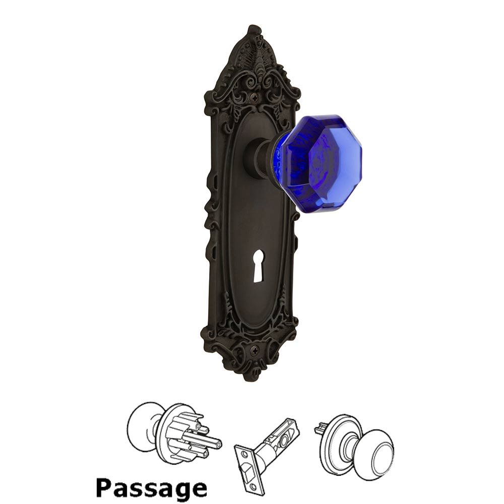 Nostalgic Warehouse - Passage - Victorian Plate with Keyhole Waldorf Cobalt Door Knob in Oil-Rubbed Bronze