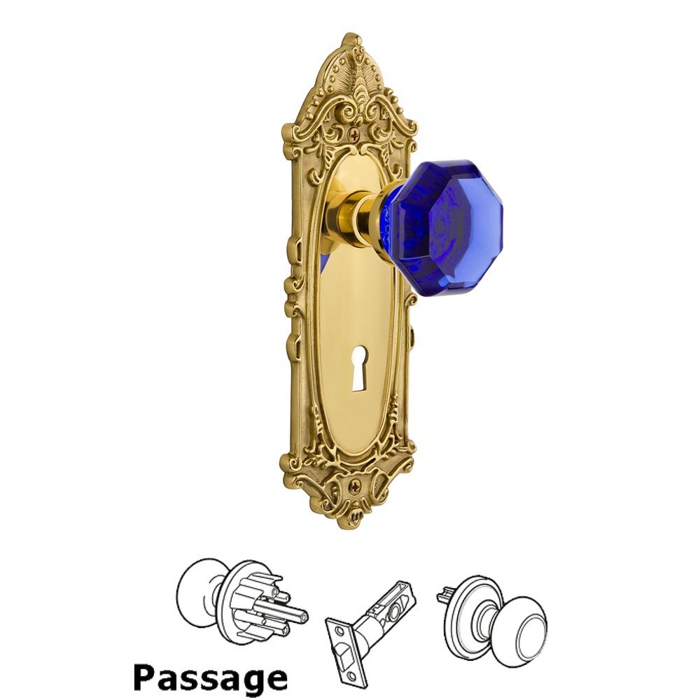 Nostalgic Warehouse - Passage - Victorian Plate with Keyhole Waldorf Cobalt Door Knob in Polished Brass
