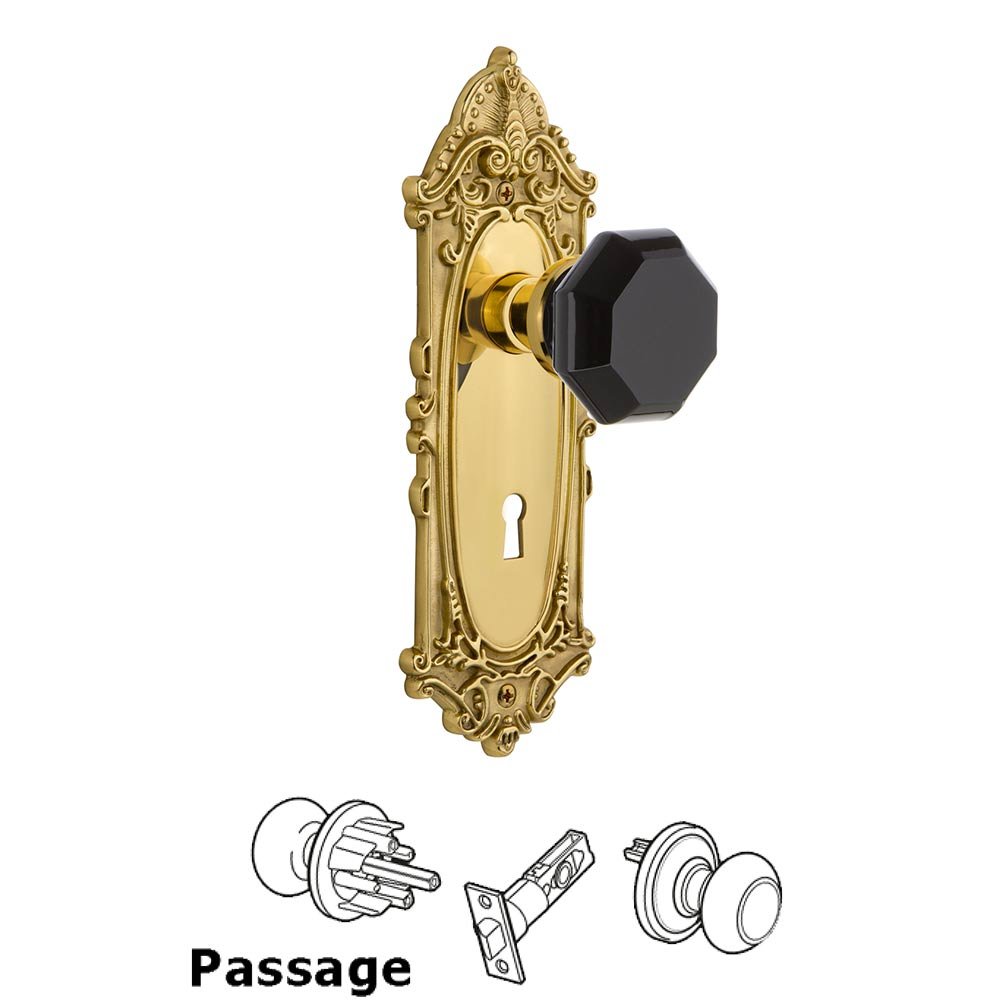 Nostalgic Warehouse - Passage - Victorian Plate with Keyhole Waldorf Black Door Knob in Polished Brass