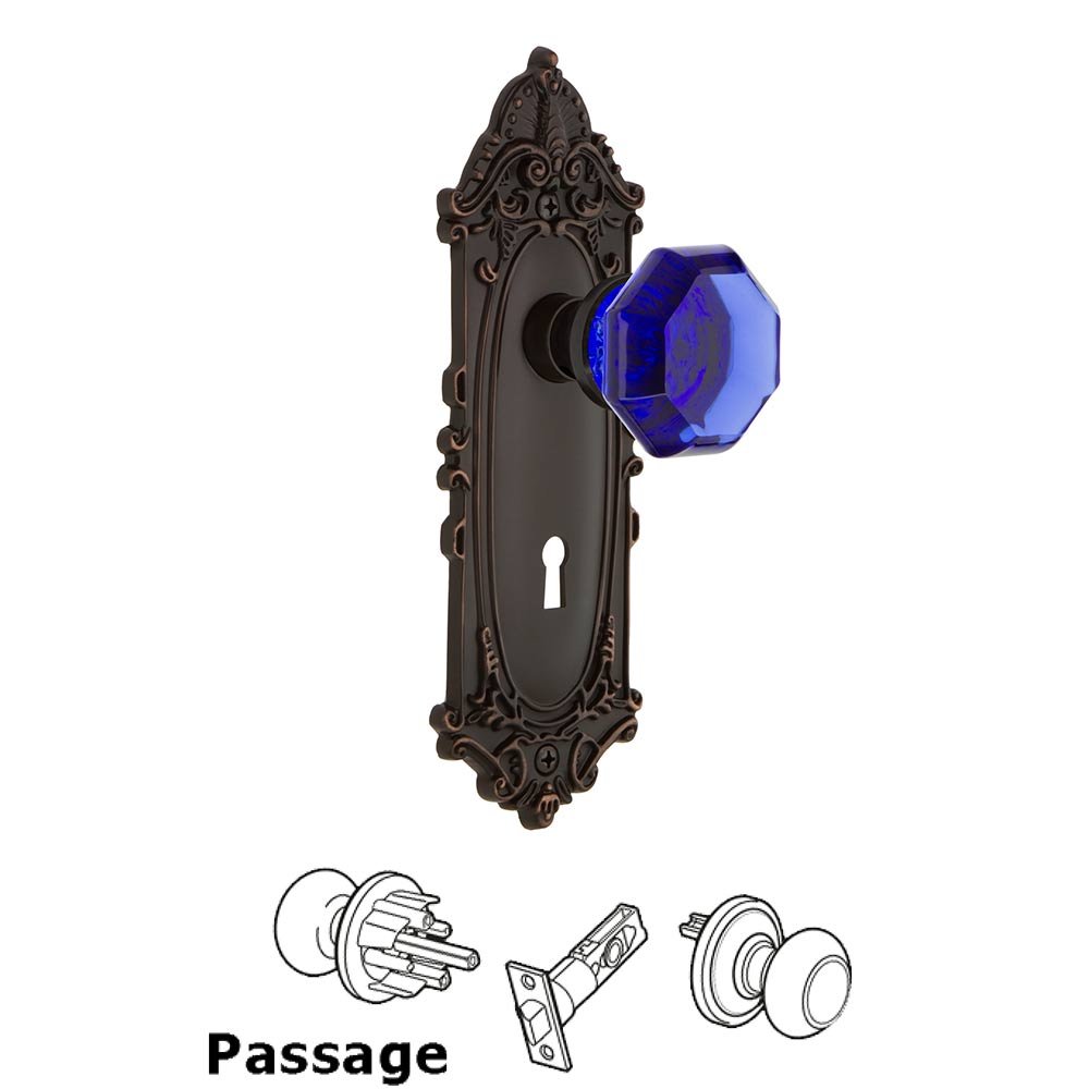 Nostalgic Warehouse - Passage - Victorian Plate with Keyhole Waldorf Cobalt Door Knob in Timeless Bronze