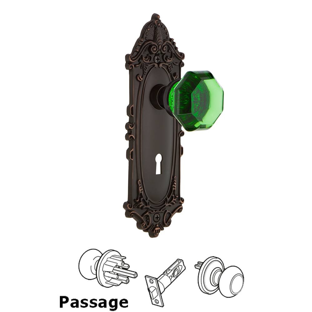 Nostalgic Warehouse - Passage - Victorian Plate with Keyhole Waldorf Emerald Door Knob in Timeless Bronze