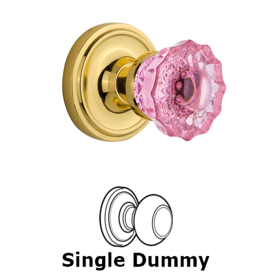 Single Dummy Classic Rose Crystal Pink Glass Door Knob in Polished Brass