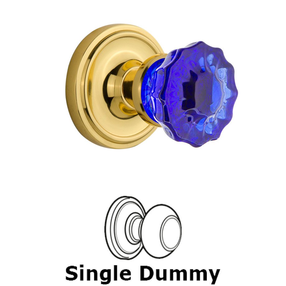 Single Dummy Classic Rose Crystal Cobalt Glass Door Knob in Polished Brass