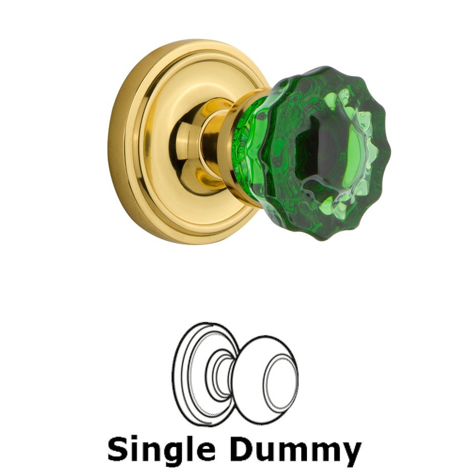 Single Dummy Classic Rose Crystal Emerald Glass Door Knob in Polished Brass