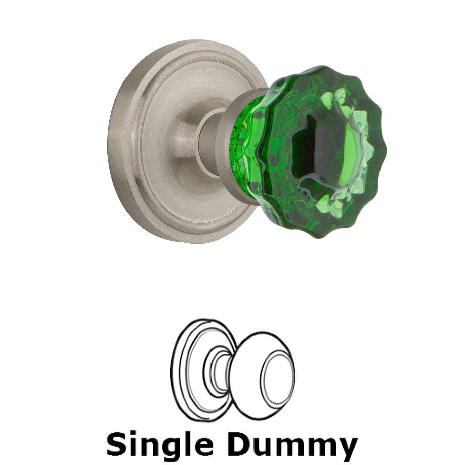 Single Dummy Classic Rose Crystal Emerald Glass Door Knob in Satin Nickel