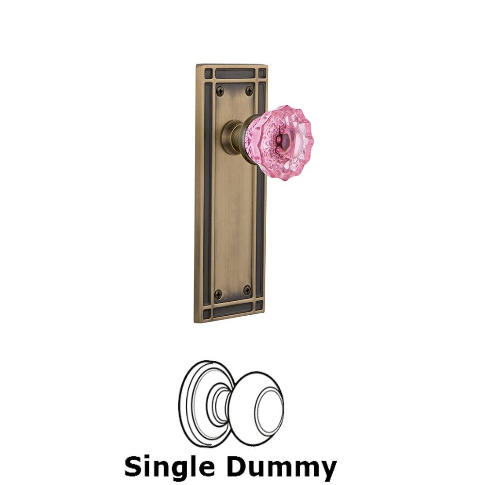 Nostalgic Warehouse - Single Dummy - Mission Plate Crystal Pink Glass Door Knob in Antique Brass
