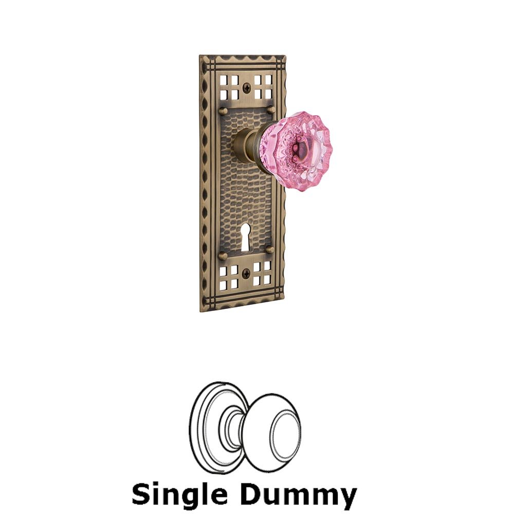 Nostalgic Warehouse - Single Dummy - Craftsman Plate with Keyhole Crystal Pink Glass Door Knob in Antique Brass