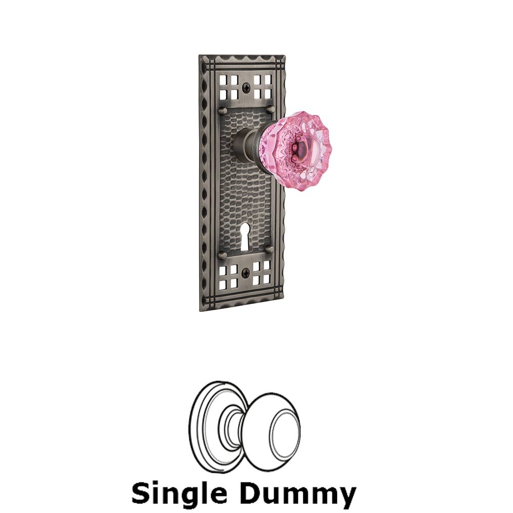 Nostalgic Warehouse - Single Dummy - Craftsman Plate with Keyhole Crystal Pink Glass Door Knob in Antique Pewter