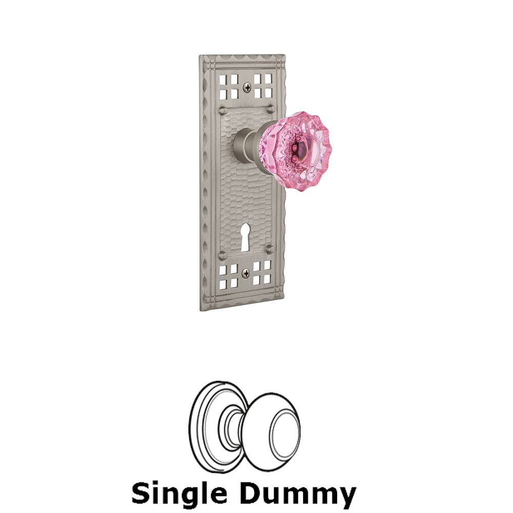 Nostalgic Warehouse - Single Dummy - Craftsman Plate with Keyhole Crystal Pink Glass Door Knob in Satin Nickel