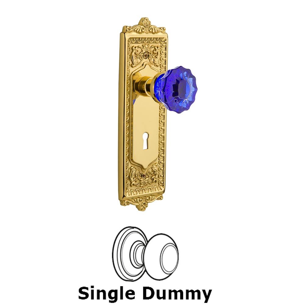 Nostalgic Warehouse - Single Dummy - Egg & Dart Plate with Keyhole Crystal Cobalt Glass Door Knob in Unlaquered Brass