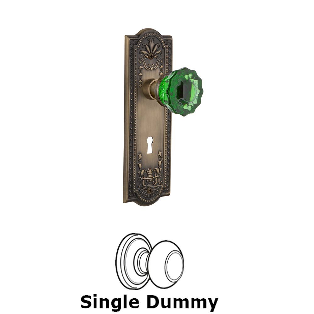 Nostalgic Warehouse - Single Dummy - Meadows Plate with Keyhole Crystal Emerald Glass Door Knob in Antique Brass