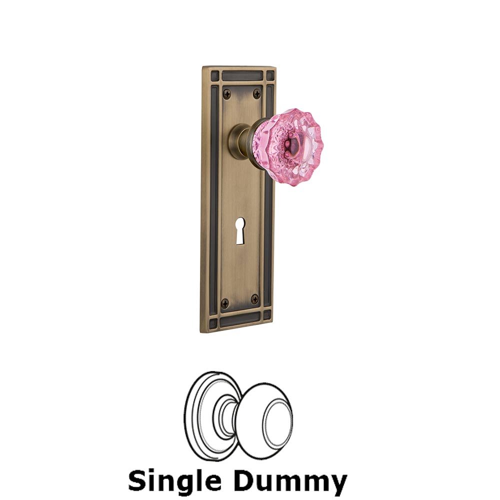 Nostalgic Warehouse - Single Dummy - Mission Plate with Keyhole Crystal Pink Glass Door Knob in Antique Brass