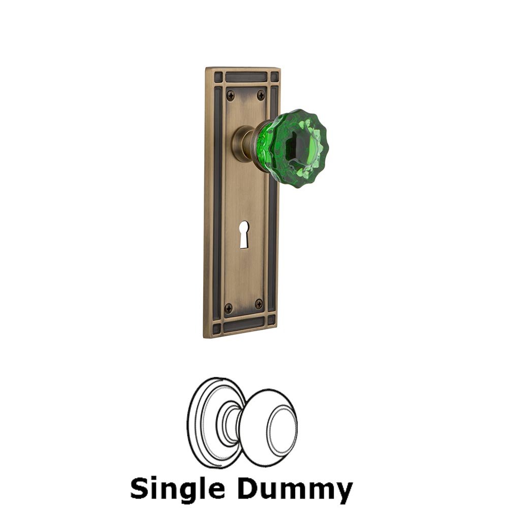 Nostalgic Warehouse - Single Dummy - Mission Plate with Keyhole Crystal Emerald Glass Door Knob in Antique Brass