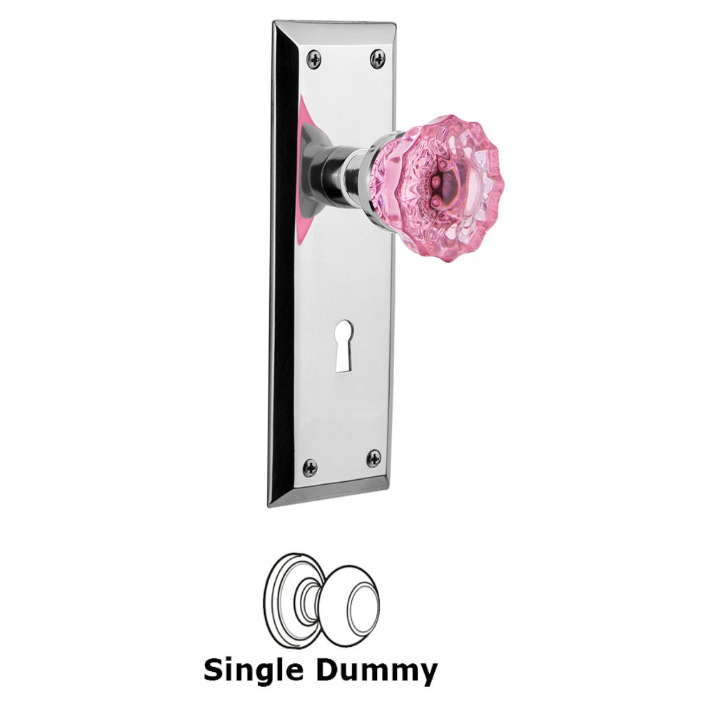 Nostalgic Warehouse - Single Dummy - New York Plate with Keyhole Crystal Pink Glass Door Knob in Bright Chrome