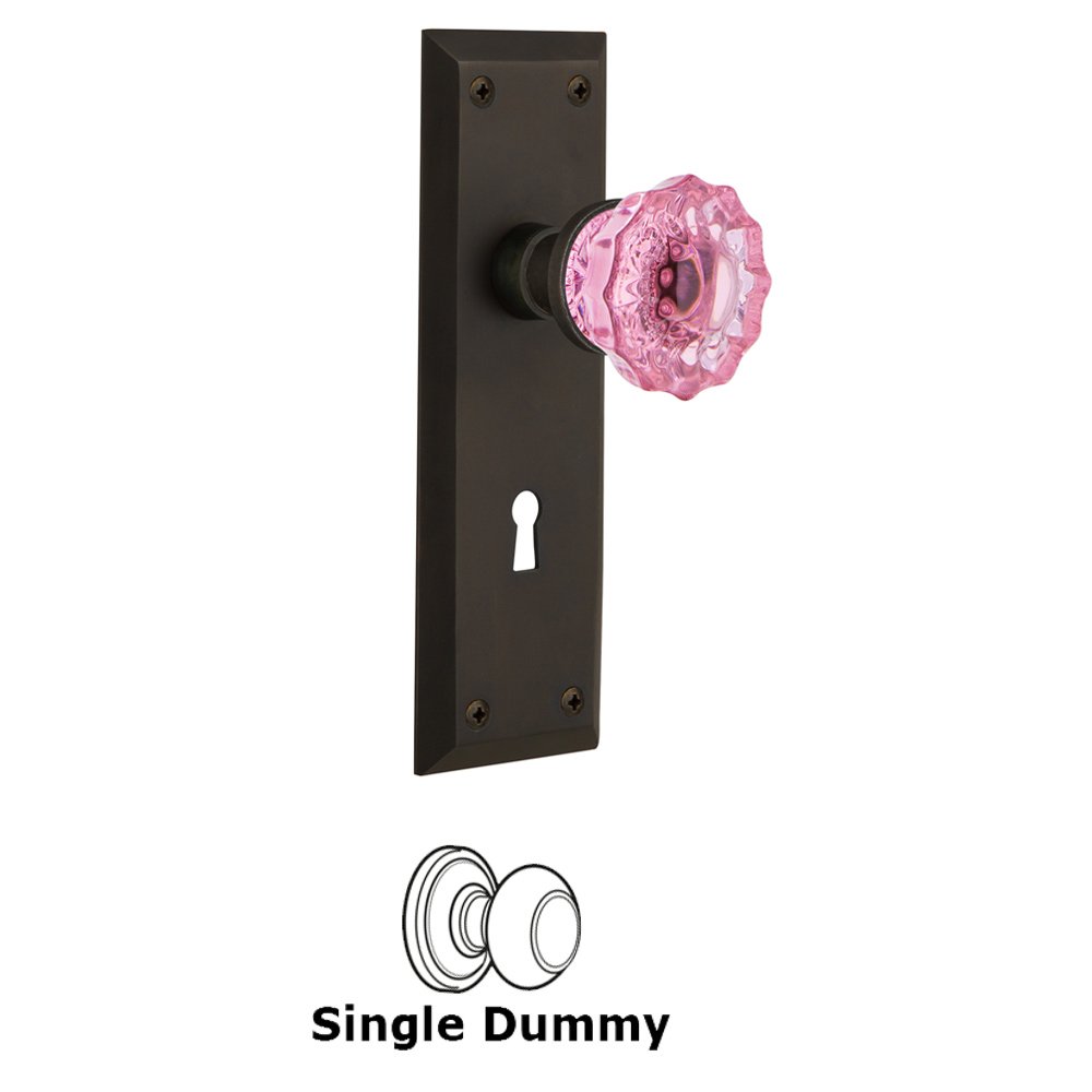 Nostalgic Warehouse - Single Dummy - New York Plate with Keyhole Crystal Pink Glass Door Knob in Oil-Rubbed Bronze