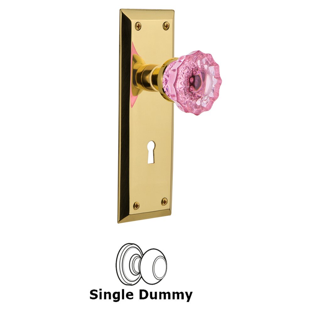 Nostalgic Warehouse - Single Dummy - New York Plate with Keyhole Crystal Pink Glass Door Knob in Polished Brass