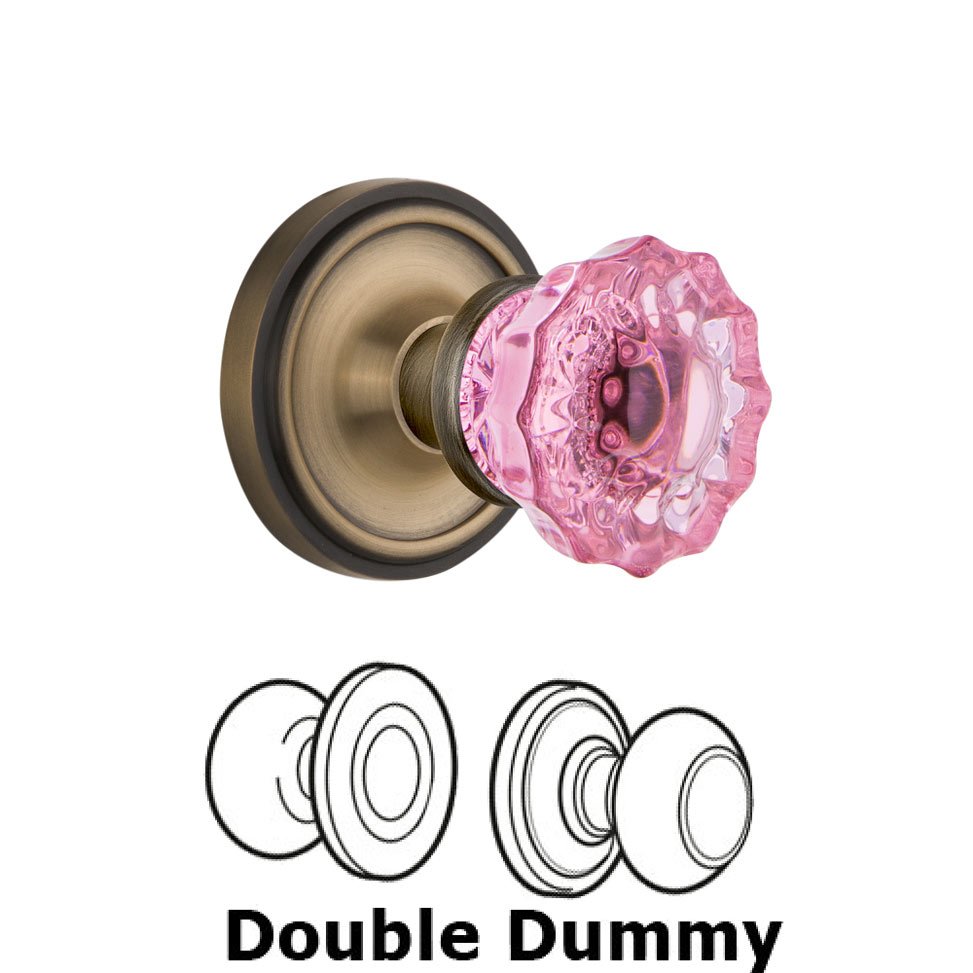 Double Dummy Classic Rose Crystal Pink Glass Door Knob in Antique Brass