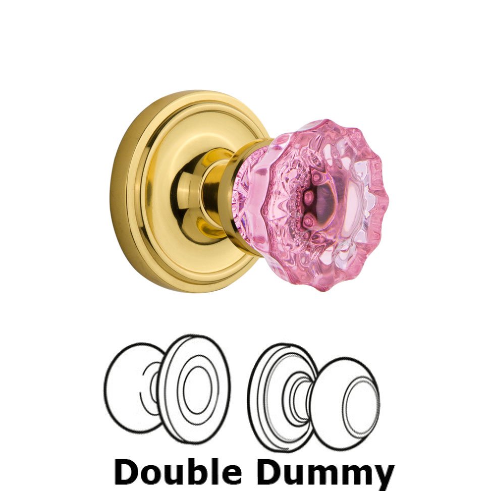 Double Dummy Classic Rose Crystal Pink Glass Door Knob in Polished Brass