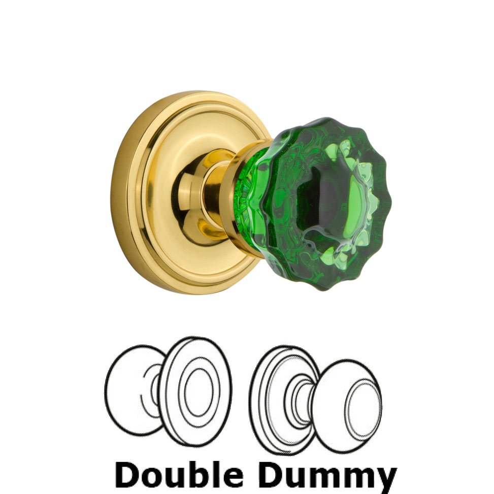 Double Dummy Classic Rose Crystal Emerald Glass Door Knob in Polished Brass