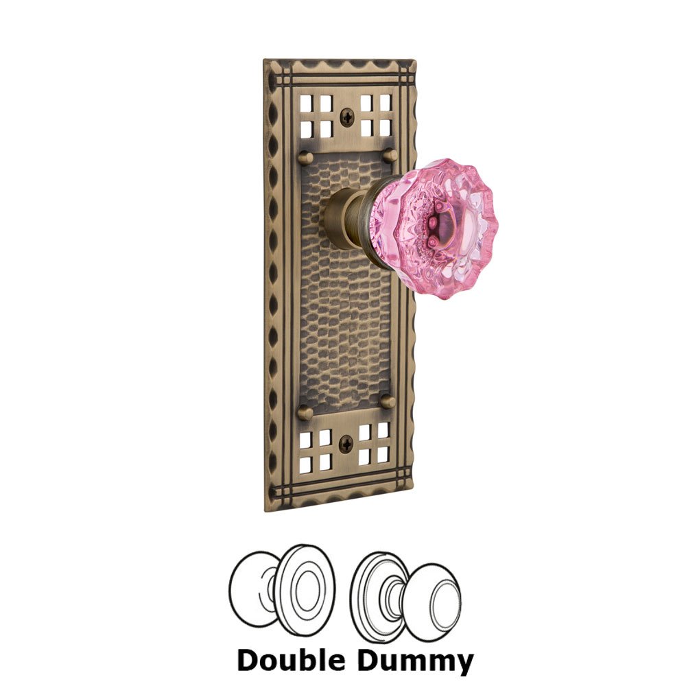 Nostalgic Warehouse - Double Dummy - Craftsman Plate Crystal Pink Glass Door Knob in Antique Brass