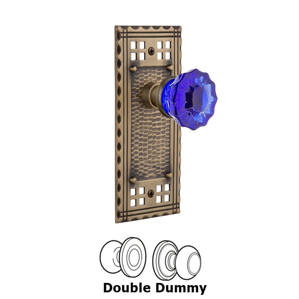 Nostalgic Warehouse - Double Dummy - Craftsman Plate Crystal Cobalt Glass Door Knob in Antique Brass