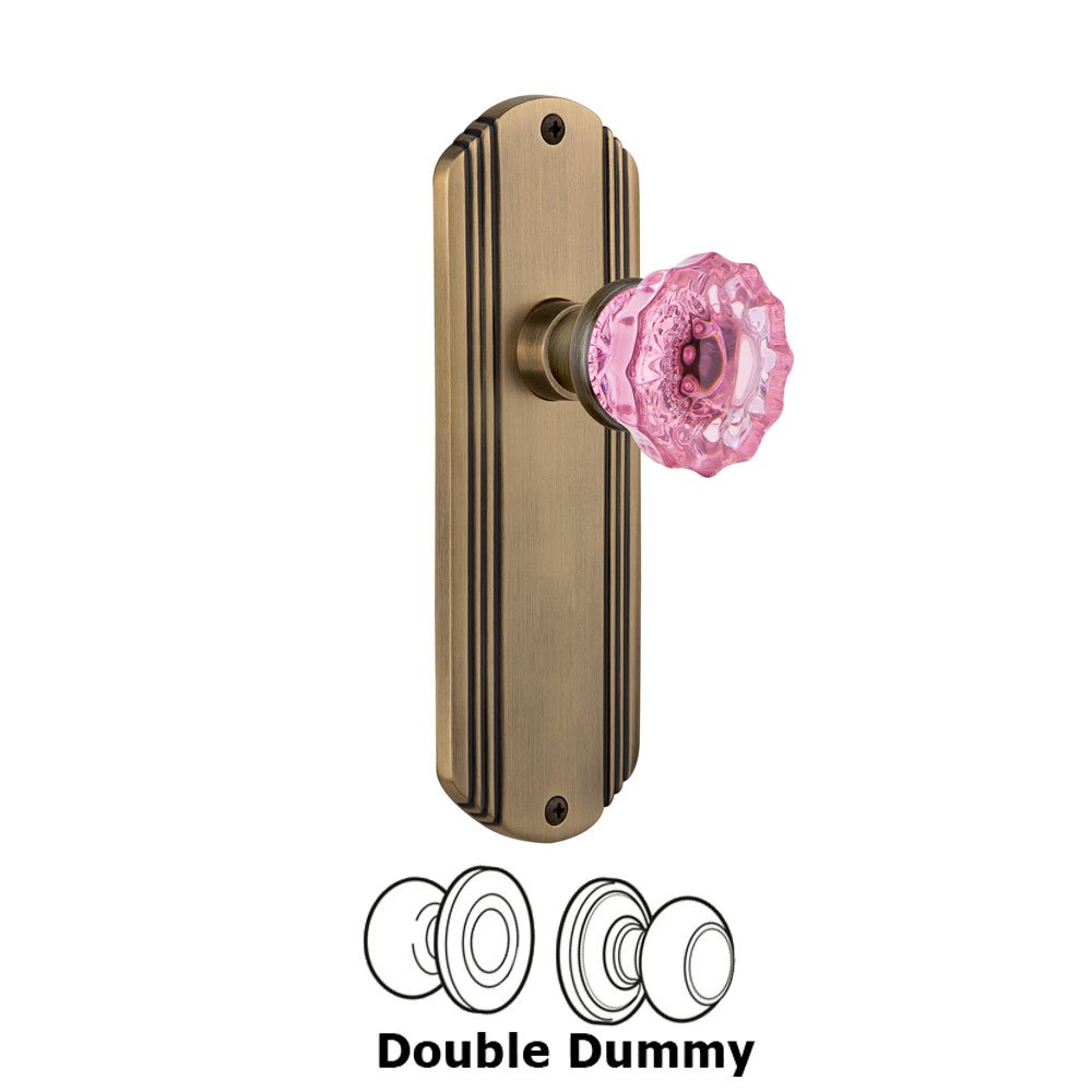 Nostalgic Warehouse - Double Dummy - Deco Plate Crystal Pink Glass Door Knob in Antique Brass