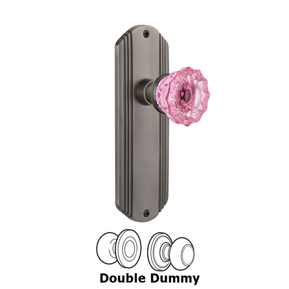 Nostalgic Warehouse - Double Dummy - Deco Plate Crystal Pink Glass Door Knob in Antique Pewter