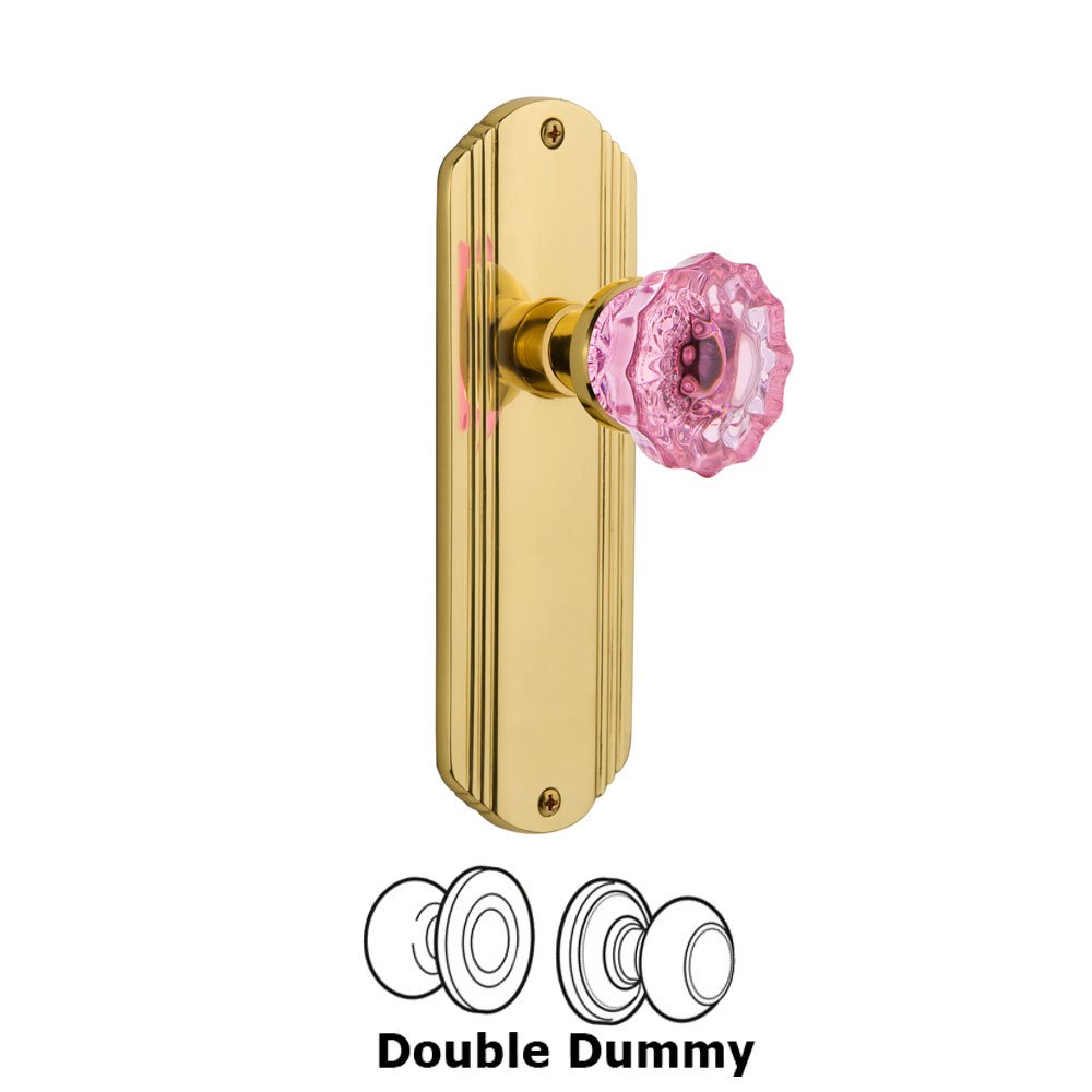 Nostalgic Warehouse - Double Dummy - Deco Plate Crystal Pink Glass Door Knob in Unlaquered Brass