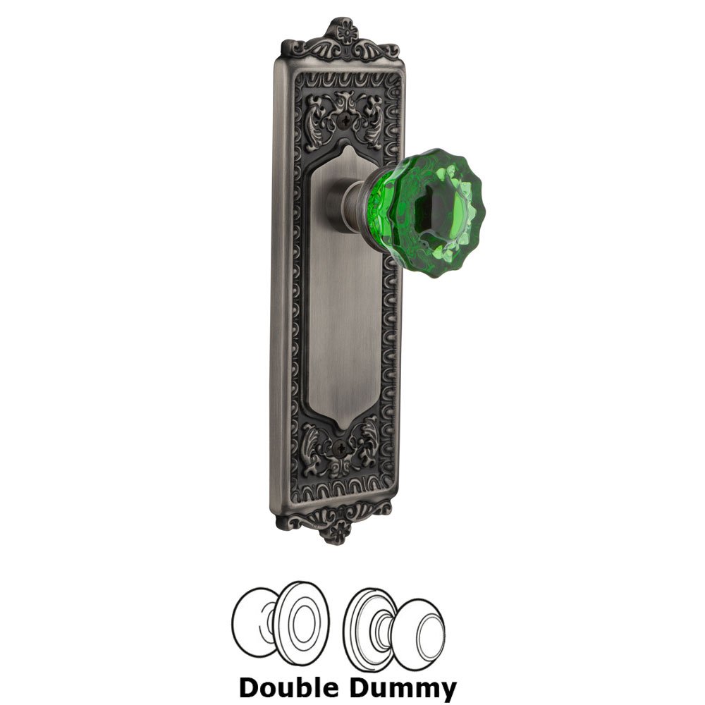 Nostalgic Warehouse - Double Dummy - Egg & Dart Plate Crystal Emerald Glass Door Knob in Antique Pewter