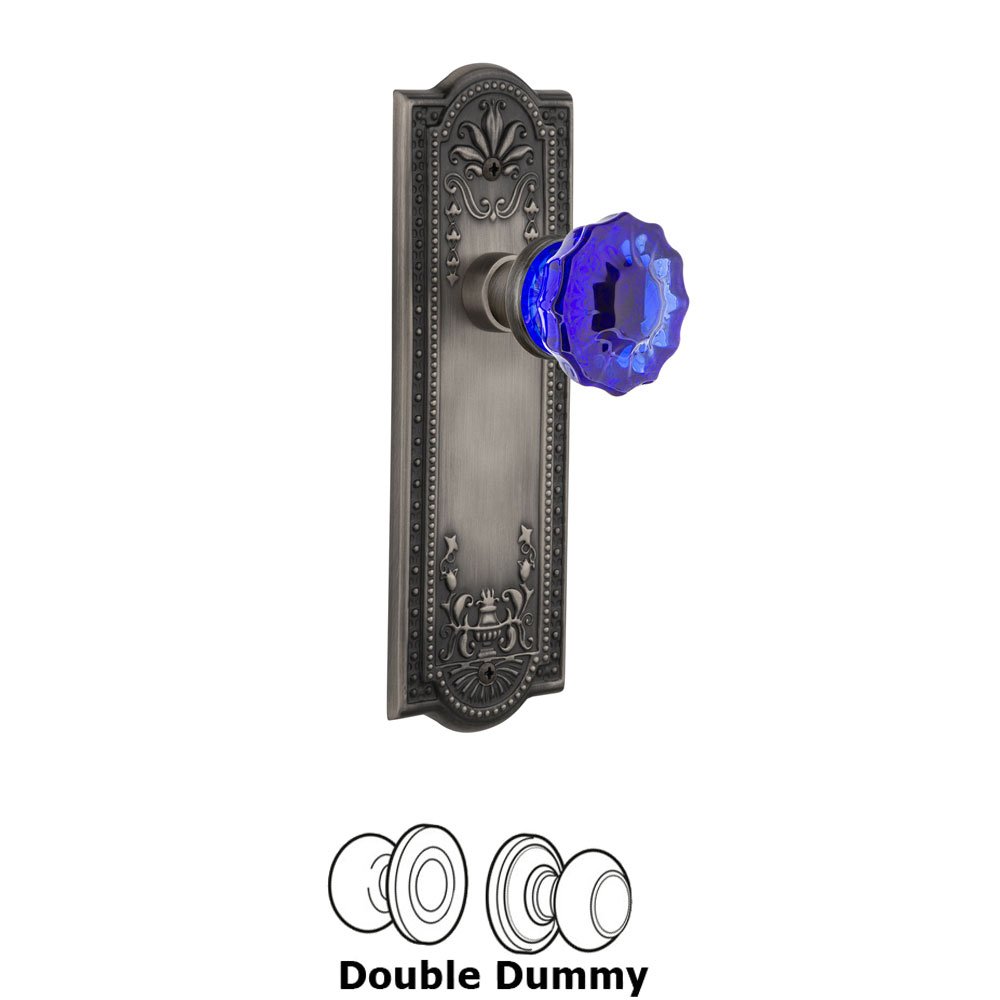 Nostalgic Warehouse - Double Dummy - Meadows Plate Crystal Cobalt Glass Door Knob in Antique Pewter